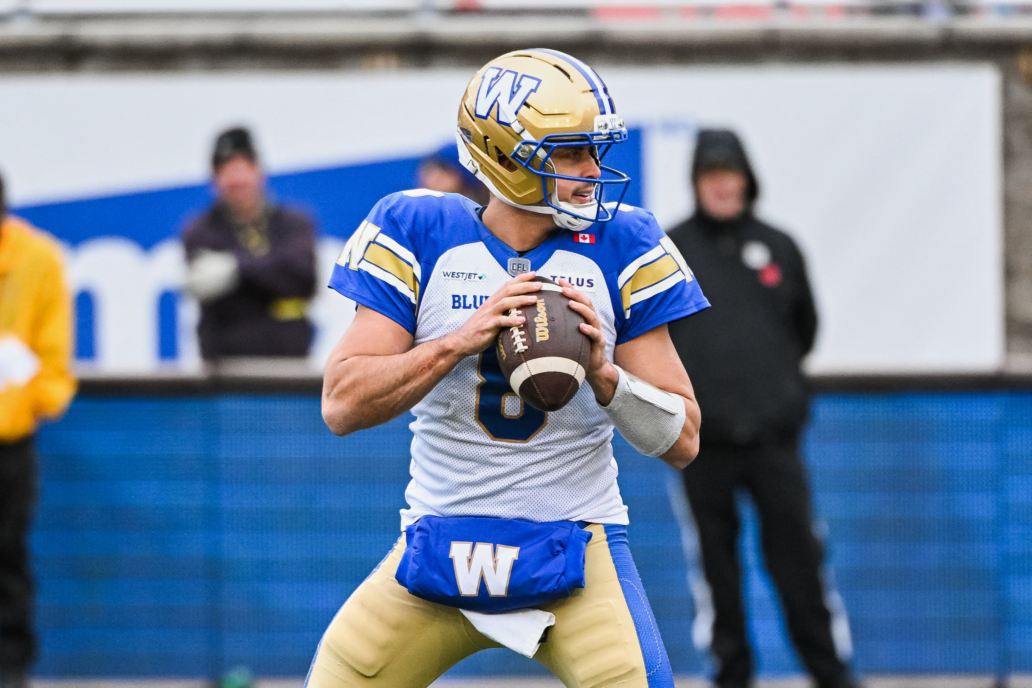 Winnipeg Blue Bombers quarterback Zach Collaros (8) looks to throw as we break down our Alouettes vs. Blue Bombers prediction.