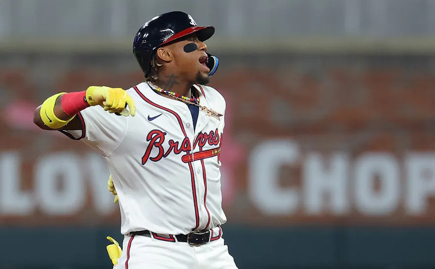 Ronald Acuna Jr. of the Atlanta Braves reacts on second base after hitting a game-tying RBI single against the Arizona Diamondbacks, and we're offering our top Braves vs. Astros player props based on the best MLB odds.