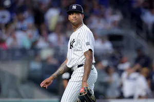 New York Yankees starting pitcher Luis Gil reacts during the fifth inning against the Los Angeles Dodgers at Yankee Stadium as we look at our Yankees vs. Red Sox player props.