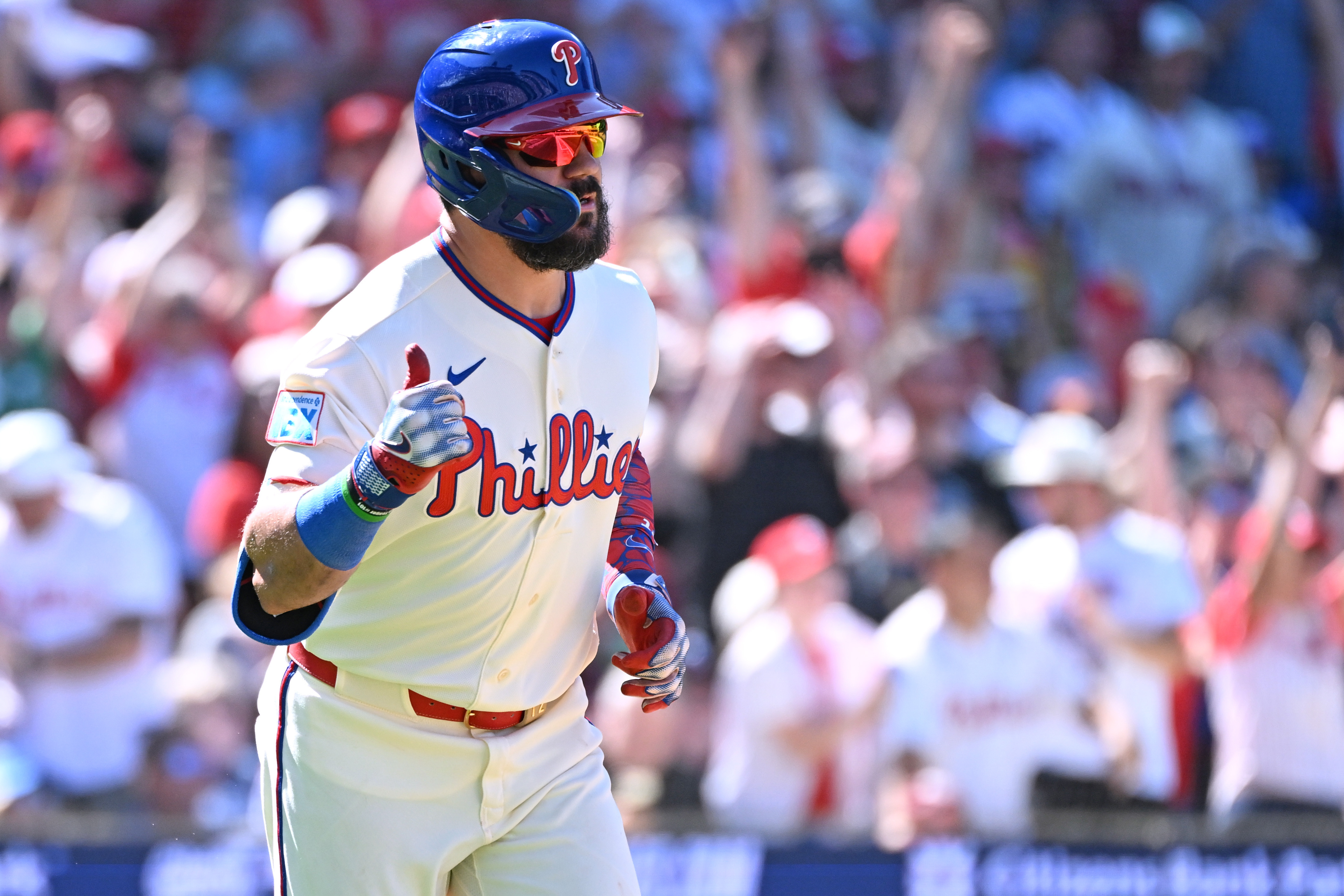 Philadelphia Phillies designated hitter Kyle Schwarber reacts after hitting a home run as we make our best Astros vs. Phillies prediction.