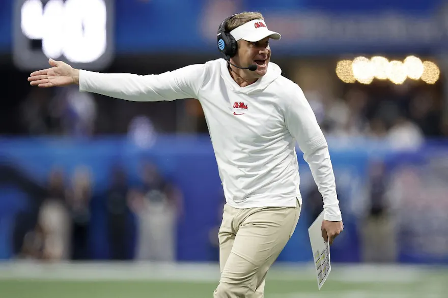 Head coach Lane Kiffin of the Mississippi Rebels reacts as we look at how Mississippi fumbled the ball on a mobile sports betting platform in 2024