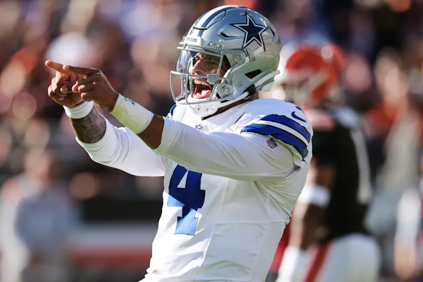Dallas Cowboys quarterback Dak Prescott celebrates after a touchdown as we offer our best New Orleans Saints vs. Dallas Cowboys prop bets for Sunday's Week 2 showdown.