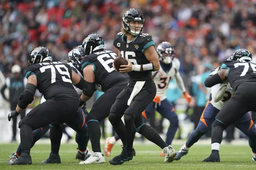 Trevor Lawrence (16) QB of Jacksonville Jaguars during the NFL International Series match between Jacksonville Jaguars and Denver Broncos on Oct. 30 in London, England.