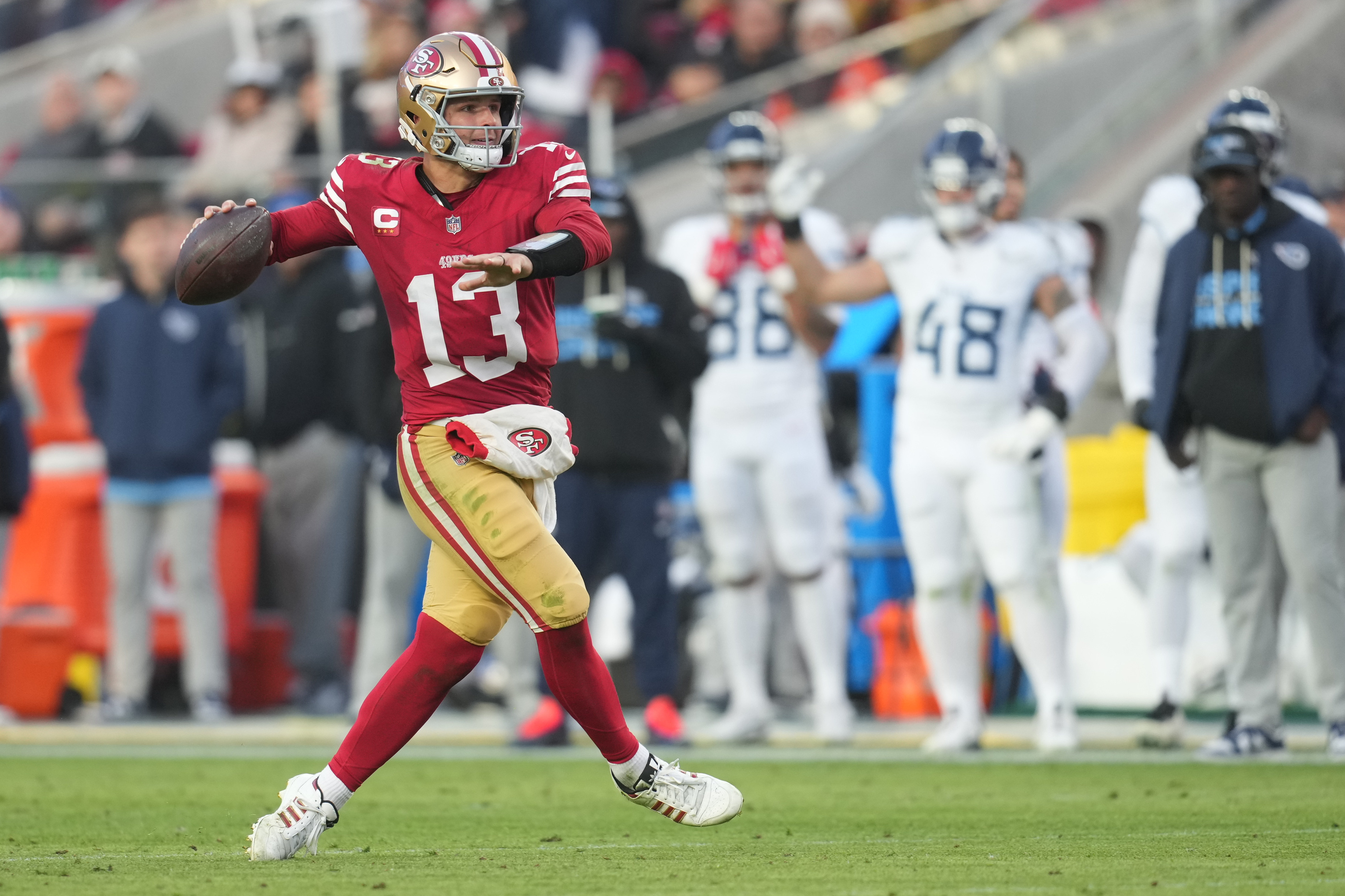 San Francisco 49ers quarterback Brock Purdy (13) throws a pass as we look at the Sunday Night Football odds for Week 17
