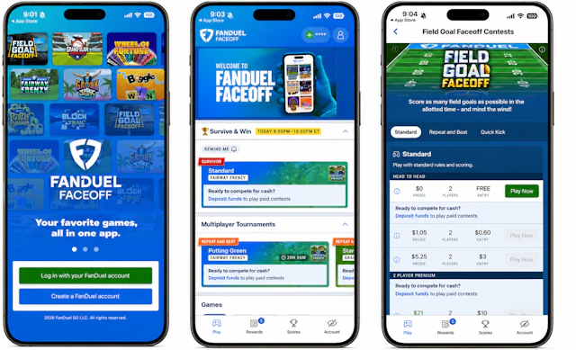 FanDuel Faceoff mobile app screenshots arranged in 3UP format.