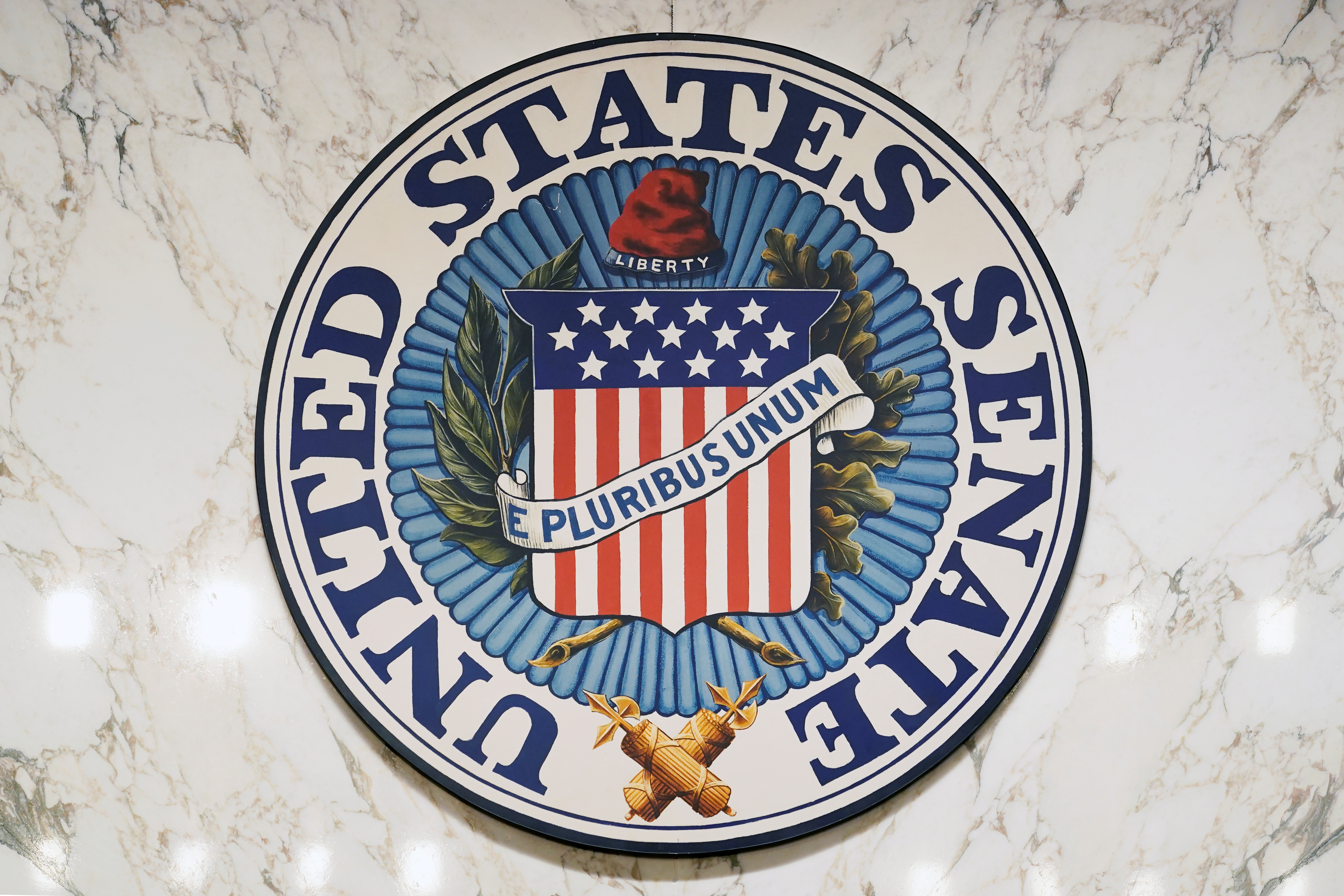 The U.S. Senate seal is seen as we look at the gaming industry urging the senator to block prediction market sports contracts