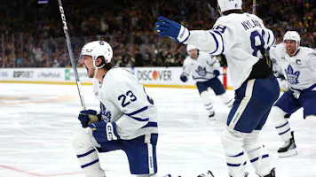 Matthew Knies celebrates with William Nylander after scoring the game-winning goal in Game 5 as we dive into our expert predictions for Game 6 of the Boston Bruins vs. Toronto Maple Leafs series. 