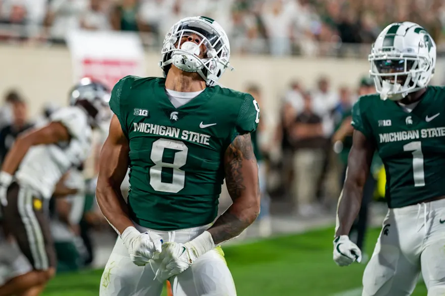 Jalen Berger of the Michigan State Spartans reacts following a play in the second half against the Western Michigan Broncos at Spartan Stadium.