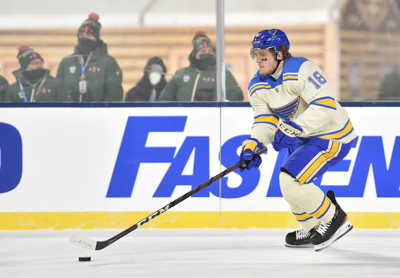 St. Louis Blues center Robert Thomas skates with the puck as we look at the details of Fanatics NHL jersey launch.
