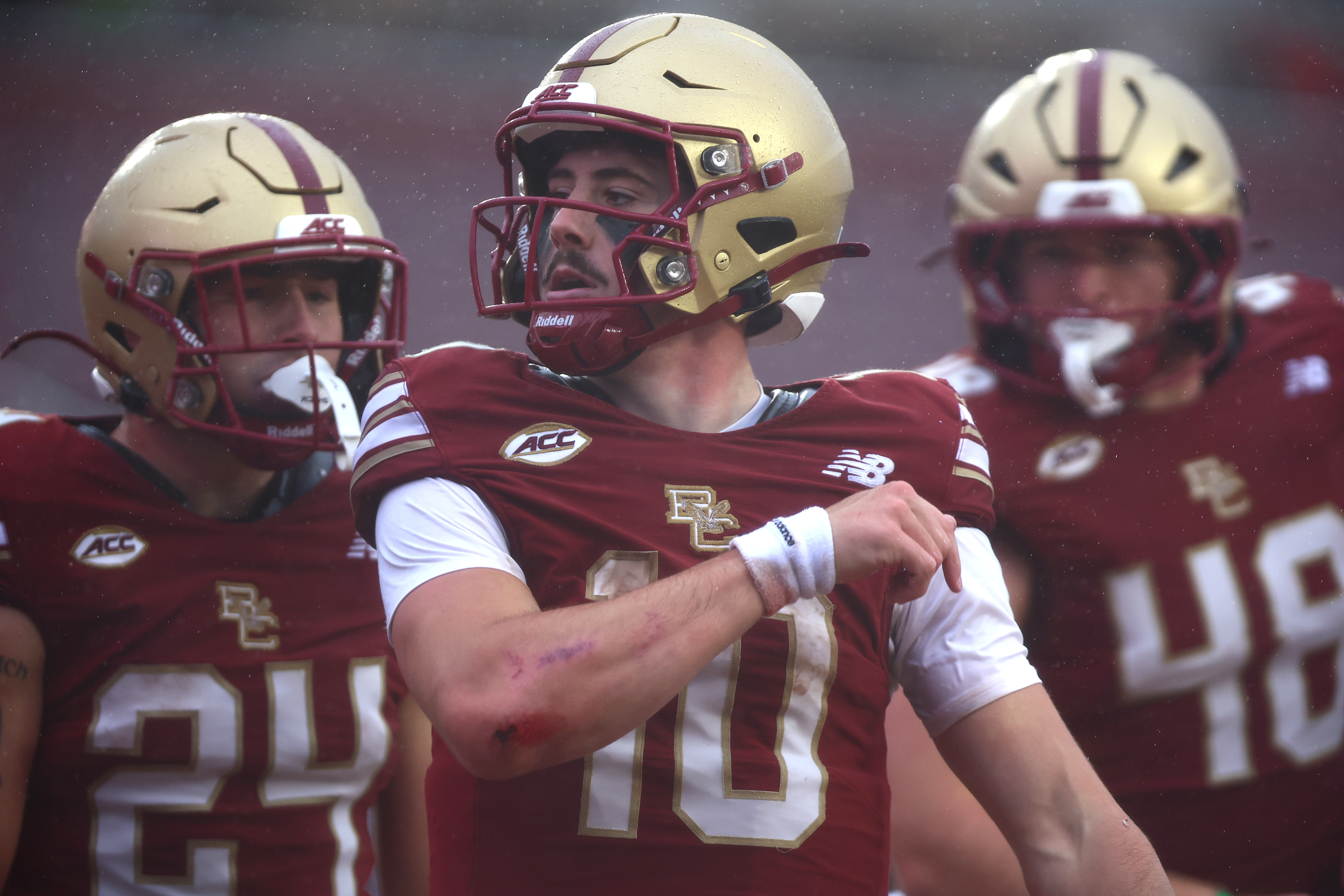 Boston College quarterback Mason McKenzie (10) celebrates with teammates as we break down our Boston College vs. SMU prediction.