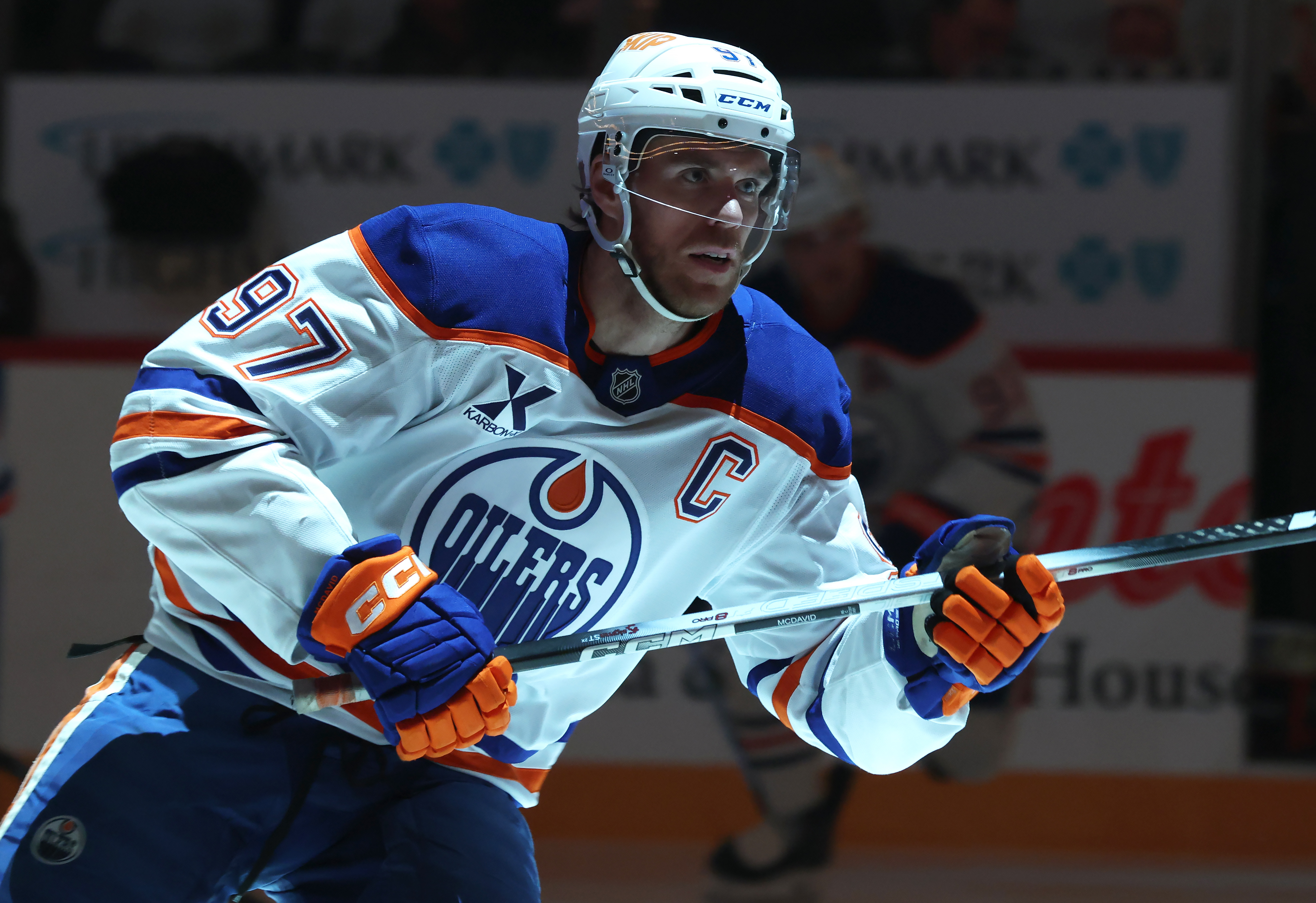 Edmonton Oilers center Connor McDavid (97), seen here taking to the ice, is featured in our NHL player props tonight.