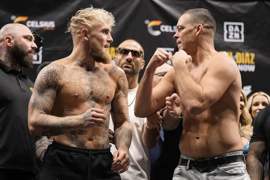 Jake Paul and Nate Diaz face off during a weigh-in before their fight, and we offer new bettors our exclusive bet365 bonus code for the boxing event.