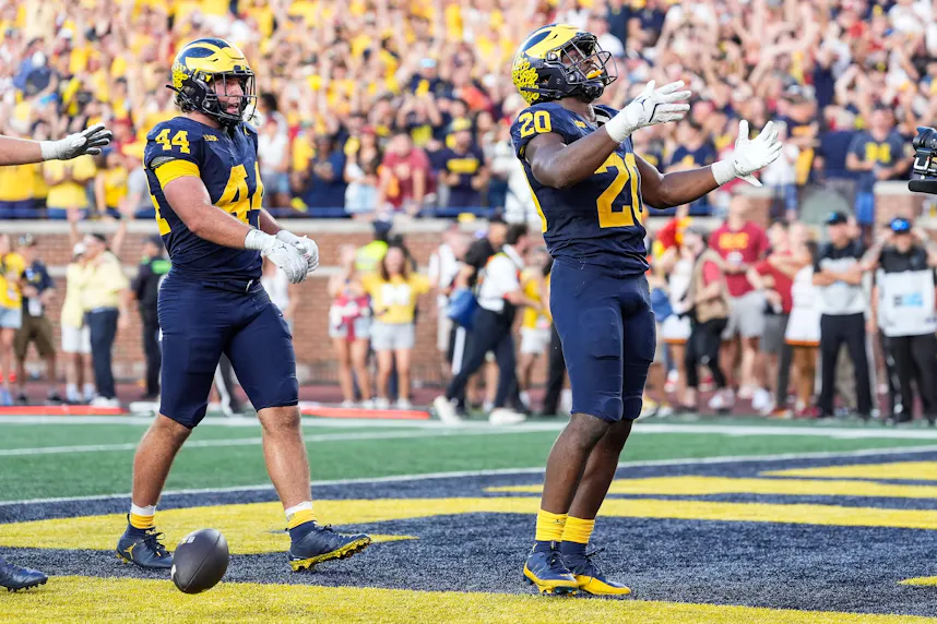 Michigan running back Kalel Mullings celebrates a go-ahead touchdown against USC.