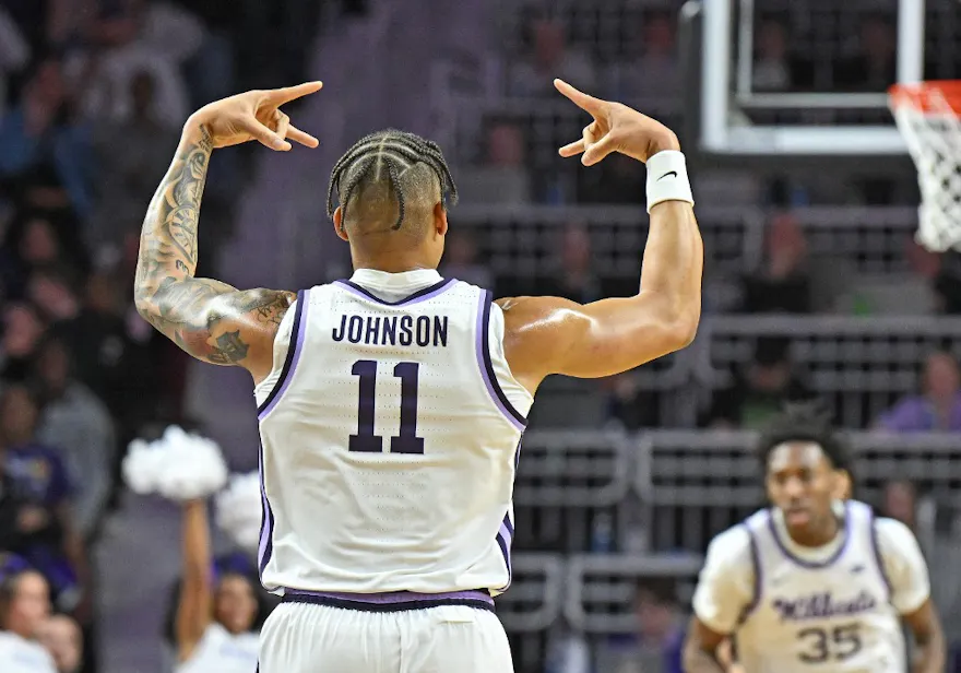 Keyontae Johnson of the Kansas State Wildcats reacts after hitting a 3-point shot in the first half against the Kansas Jayhawks at Bramlage Coliseum in Manhattan, Kansas. Photo by Peter Aiken/Getty Images via AFP.