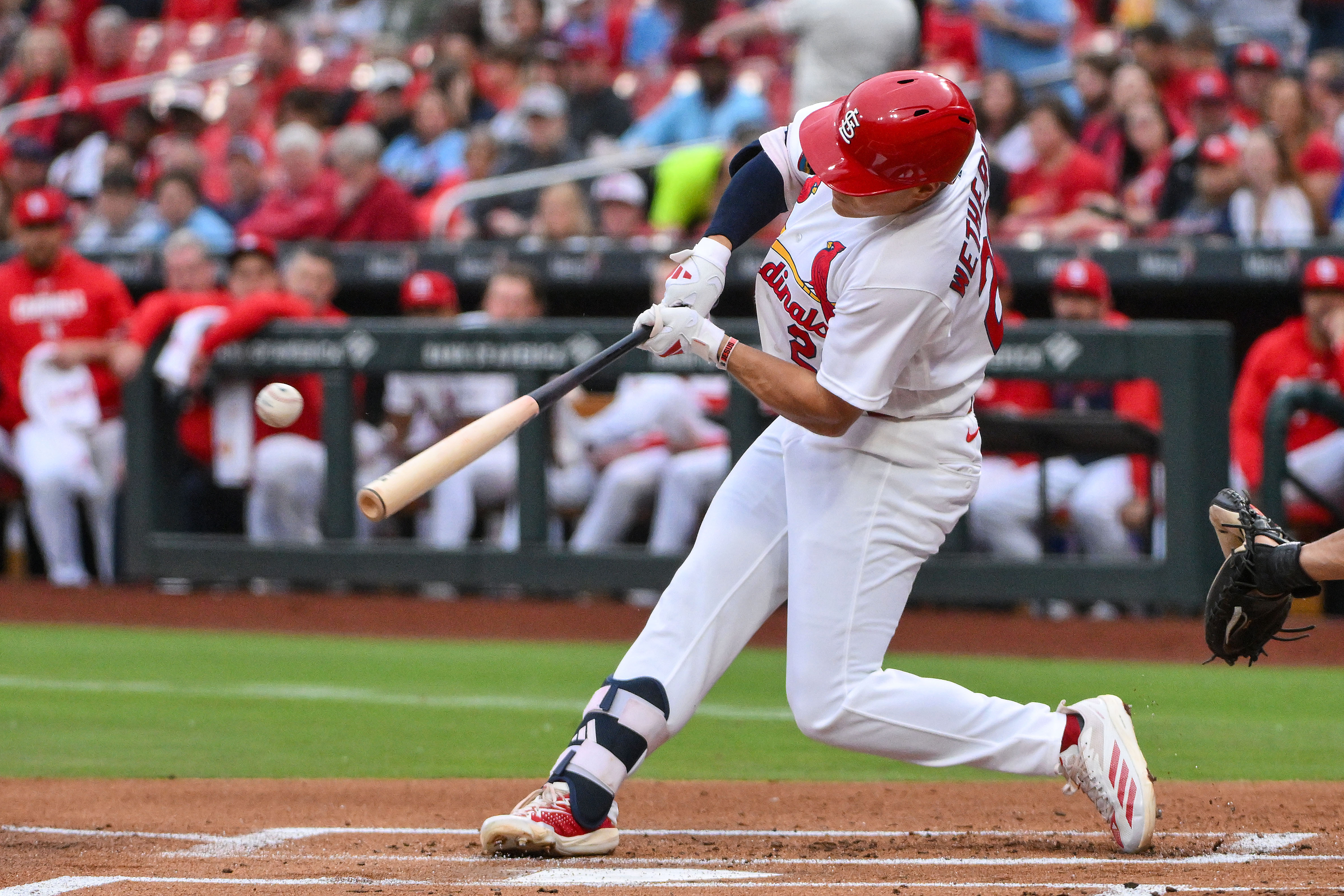 St. Louis Cardinals second baseman JJ Wetherholt (26) hits a single. 