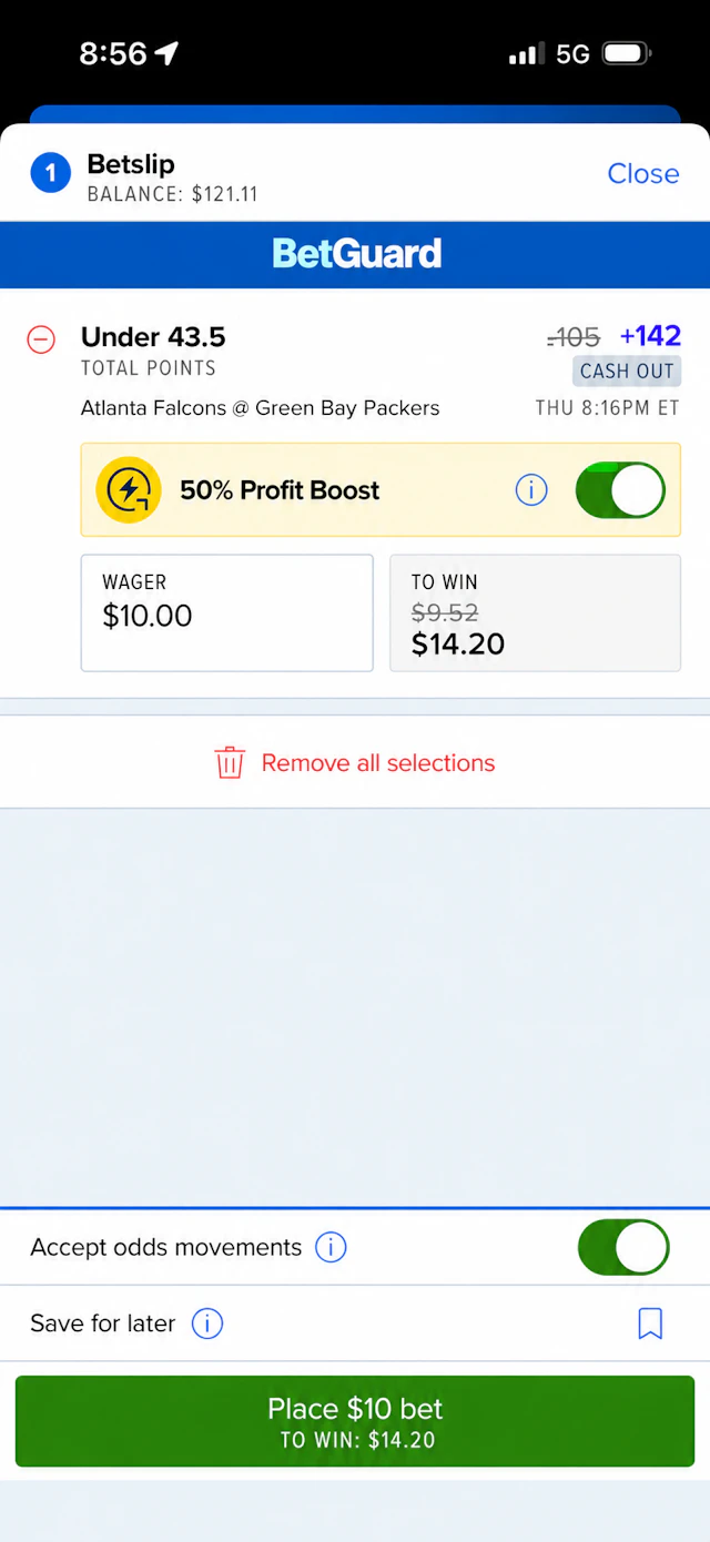 FanDuel Sportsbook betslip showing a 50% profit boost applied to a $10 bet placed on Sept. 24's Falcons @ Packers NFL game.