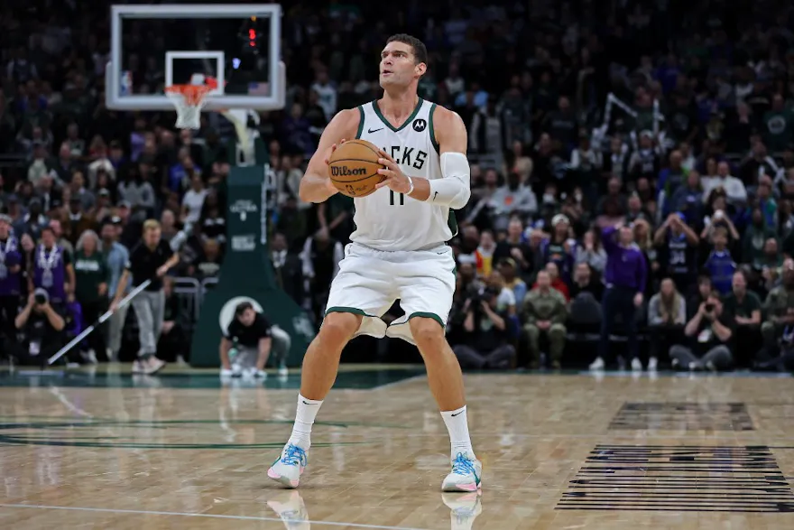 Brook Lopez #11 of the Milwaukee Bucks takes a three-point shot as we look at our Bucks vs. Celtics NBA player prop predictions