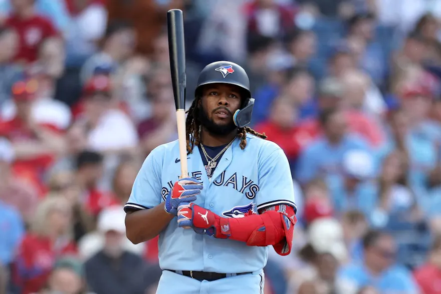 Vladimir Guerrero Jr. of the Toronto Blue Jays bats during the eighth inning as we look at Sportsnet's new deal with Sportradar for data-driven content.
