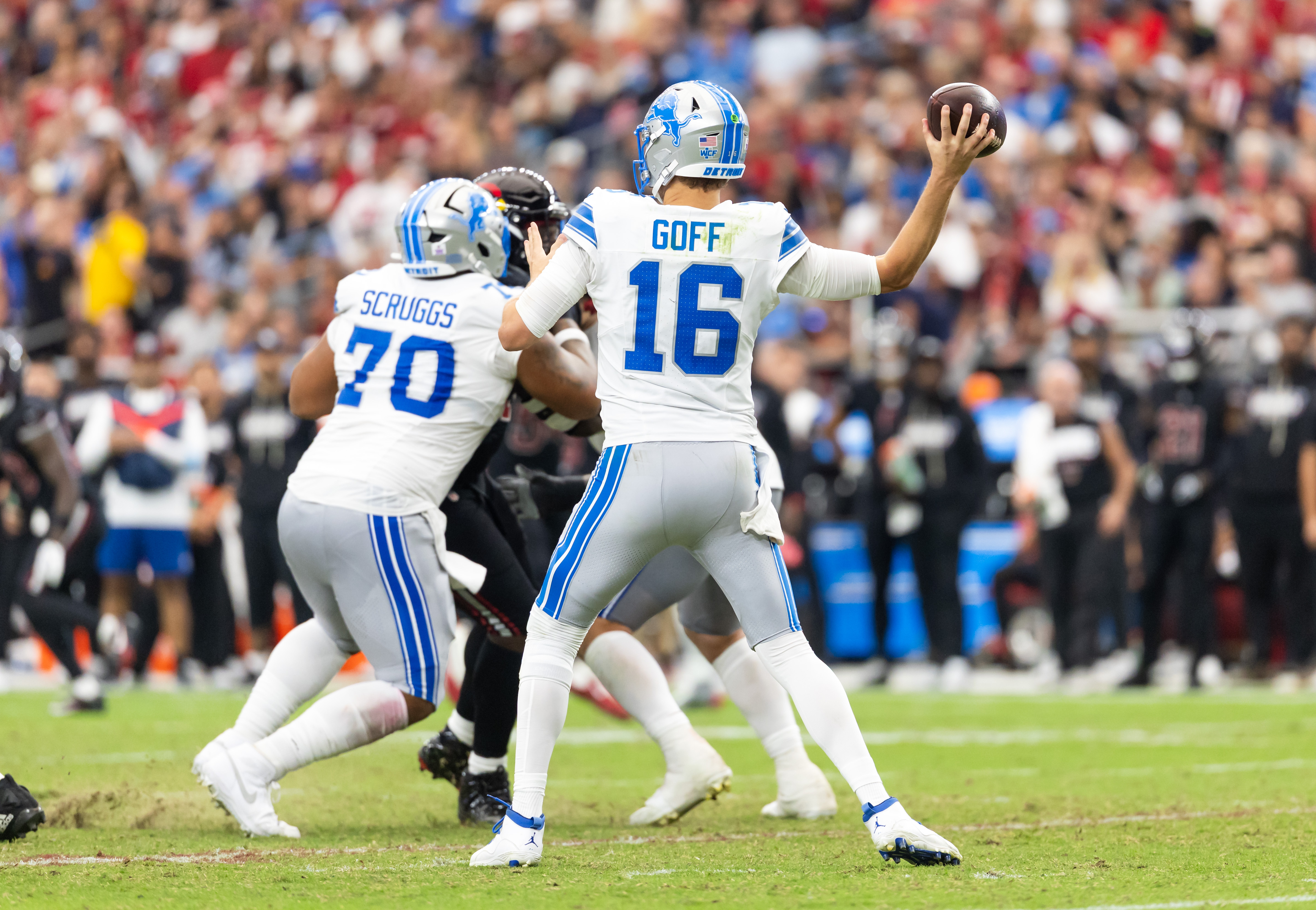 Pictured: Detroit quarterback Jared Goff in action as we break down our Vikings vs. Lions Prediction. Photo by  Mark J. Rebilas-Imagn Images.