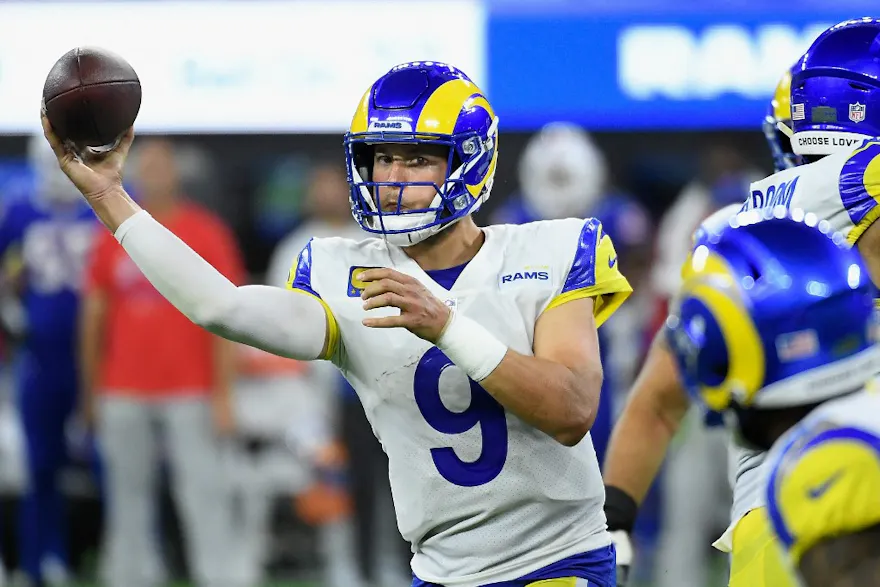 Quarterback Matthew Stafford of the Los Angeles Rams throws a pass during the fourth quarter against the Buffalo Bills.