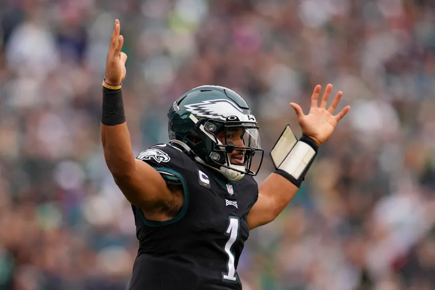 Jalen Hurts of the Philadelphia Eagles reacts after scoring a touchdown during the first quarter against the New Orleans Saints at Lincoln Financial Field in Philadelphia, Pennsylvania. Photo by Mitchell Leff Getty Images via AFP.