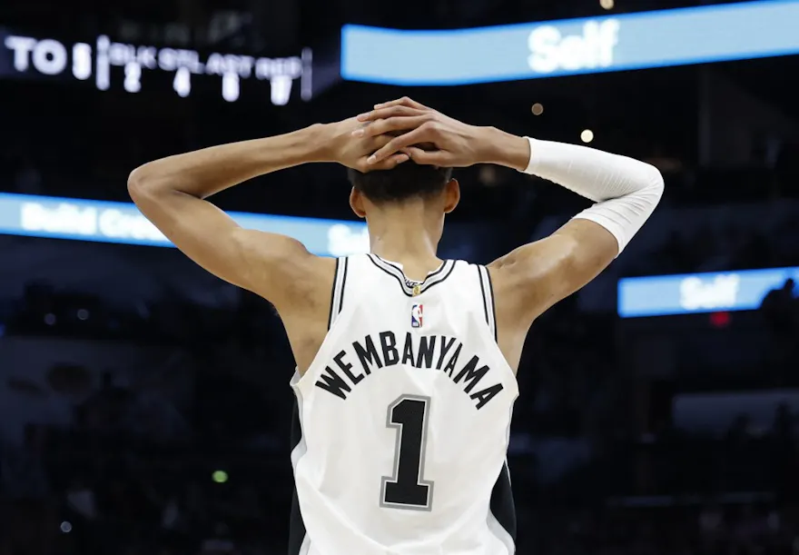 Victor Wembanyama #1 of the San Antonio Spurs reacts as we look at our NBA best bets & player props for Tuesday