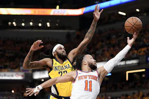 Jalen Brunson of the New York Knicks drives to the basket against Isaiah Jackson of the Indiana Pacers during Game 6 of the NBA playoffs. We're backing Brunson in our Pacers vs. Knicks Player Props.