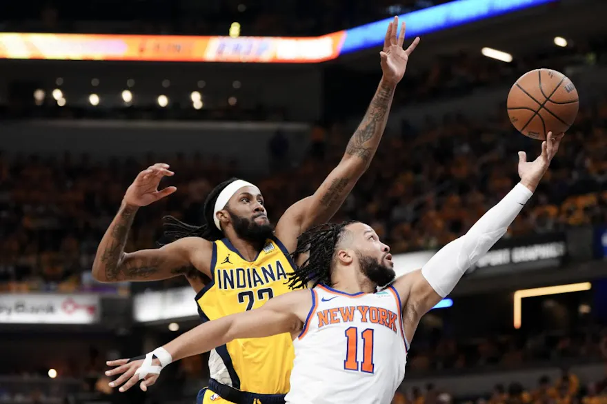 Jalen Brunson of the New York Knicks drives to the basket against Isaiah Jackson of the Indiana Pacers during Game 6 of the NBA playoffs. We're backing Brunson in our Pacers vs. Knicks Player Props.