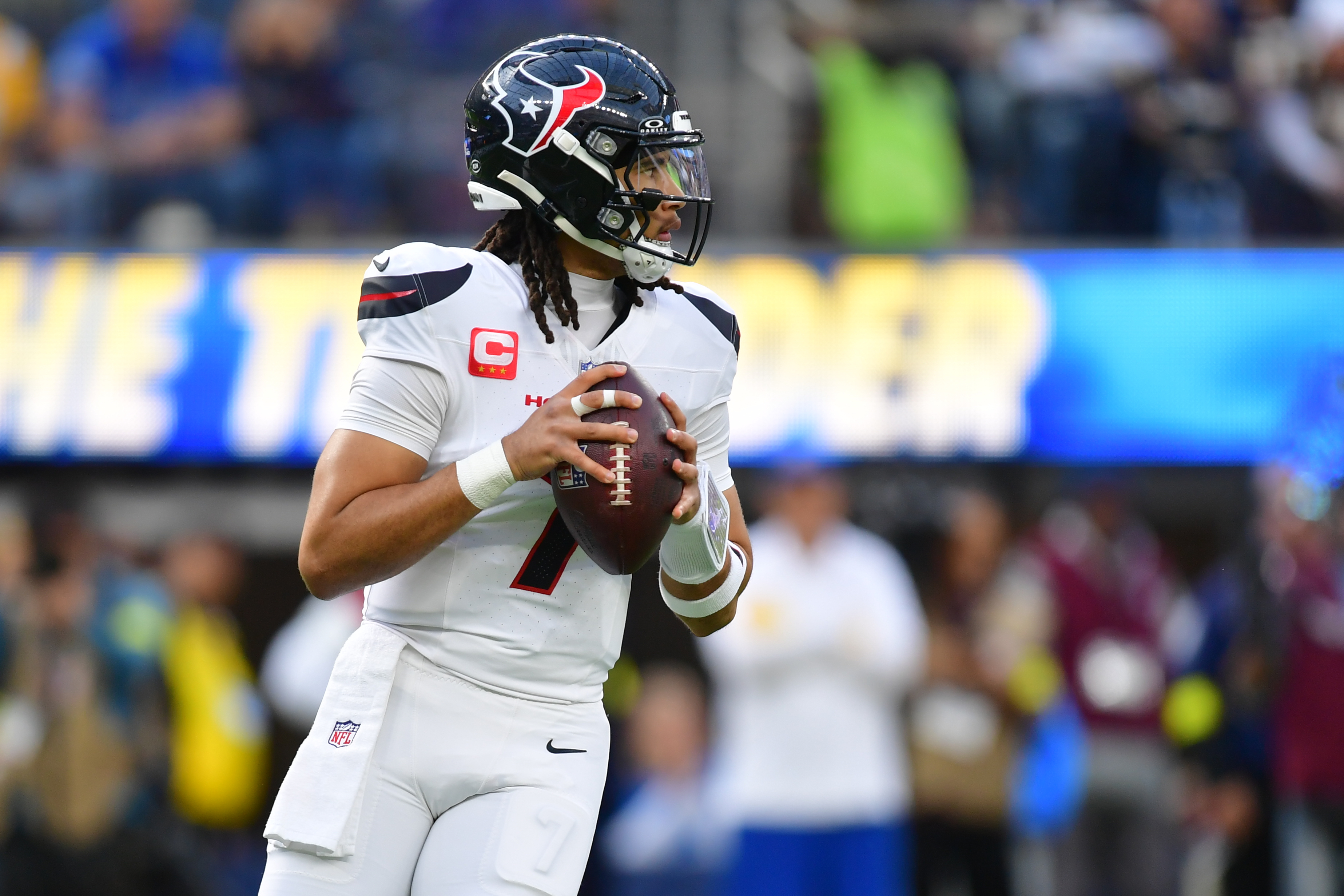 Houston Texans quarterback C.J. Stroud (7) stands in the pocket as we offer our Texans vs. Steelers predictions.