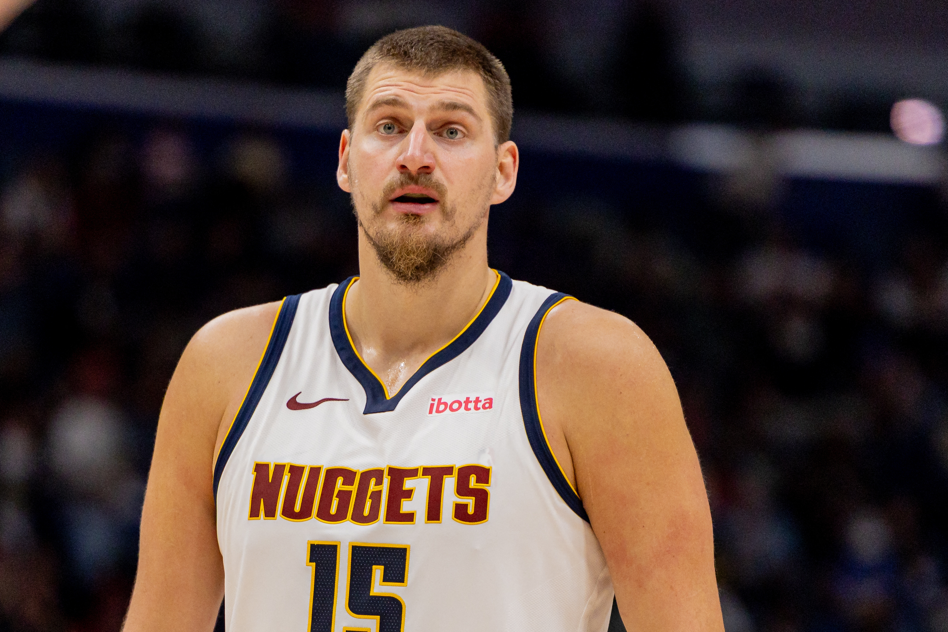 Denver Nuggets center Nikola Jokic (15), seen here looking on, is featured in our Nuggets vs. Clippers player props tonight.
