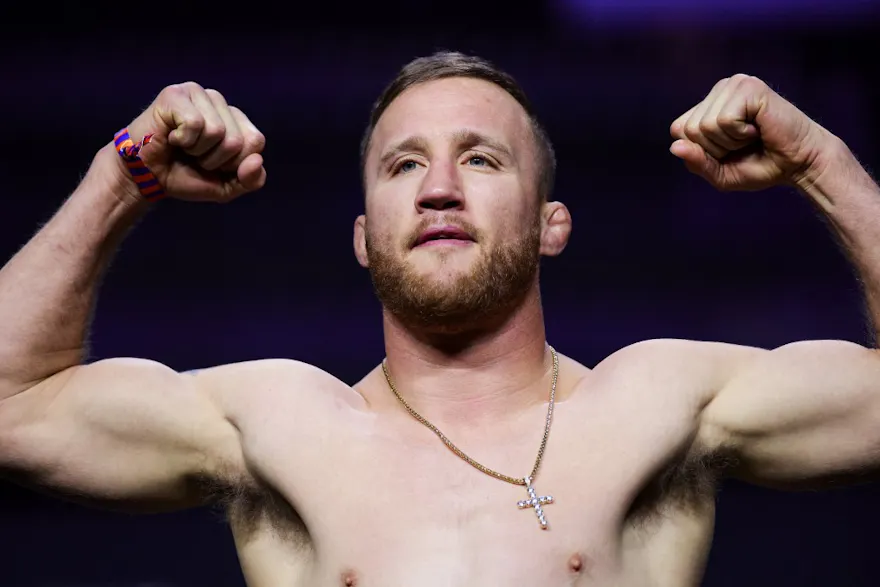 Justin Gaethje stands on the scale during the UFC 300 ceremonial weigh-in at MGM Grand Garden Arena as we look at our UFC 300 best bets.