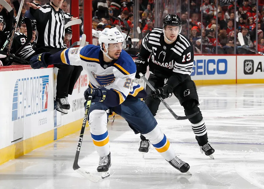 Jordan Kyrou of the St. Louis Blues skates against the New Jersey Devils at the Prudential Center on January 05, 2023 in Newark, New Jersey. Photo by Bruce Bennett Getty Images via AFP.
