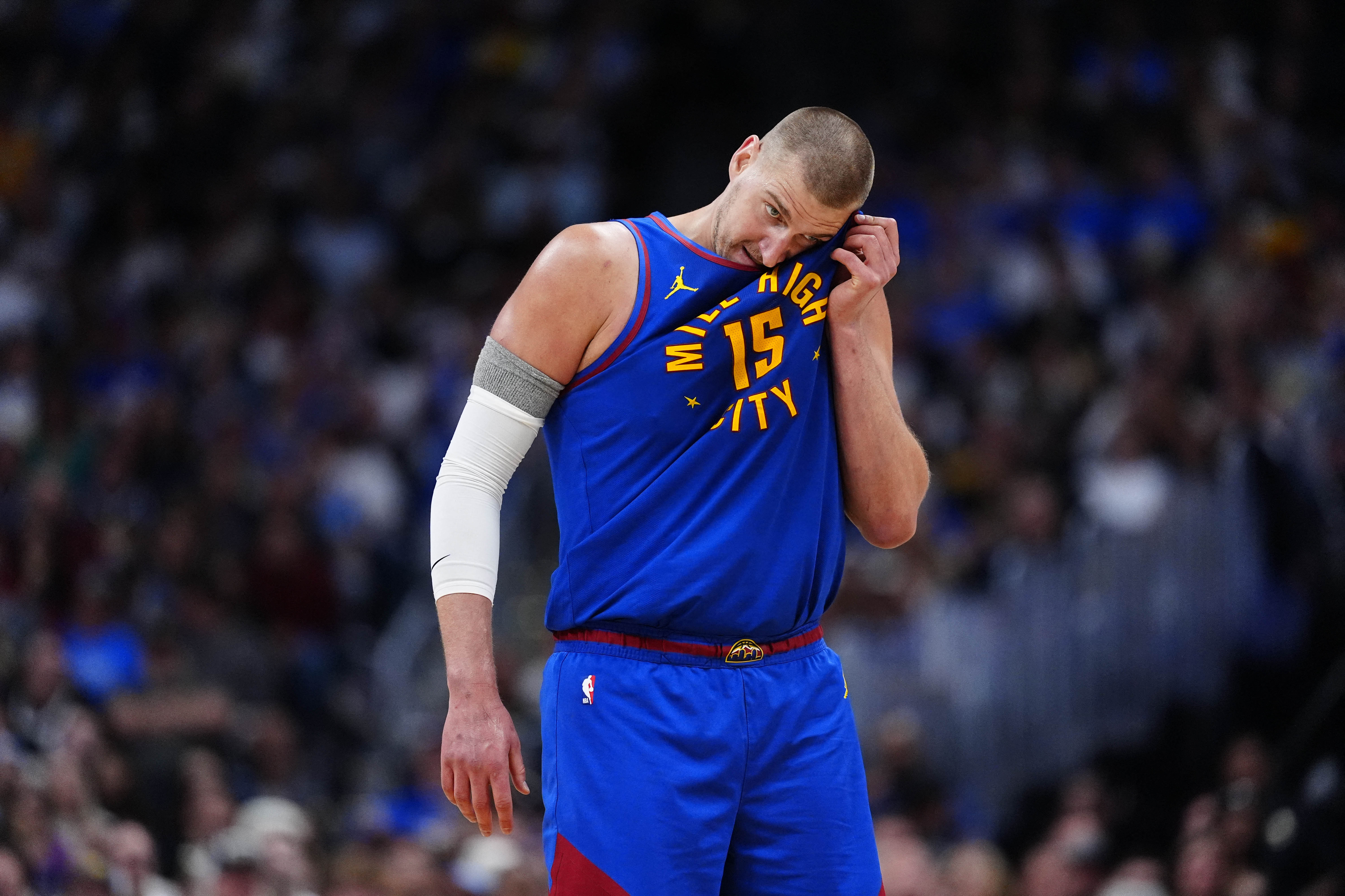 Denver Nuggets center Nikola Jokic (15), seen here during a game, is featured in our NBA player props today.