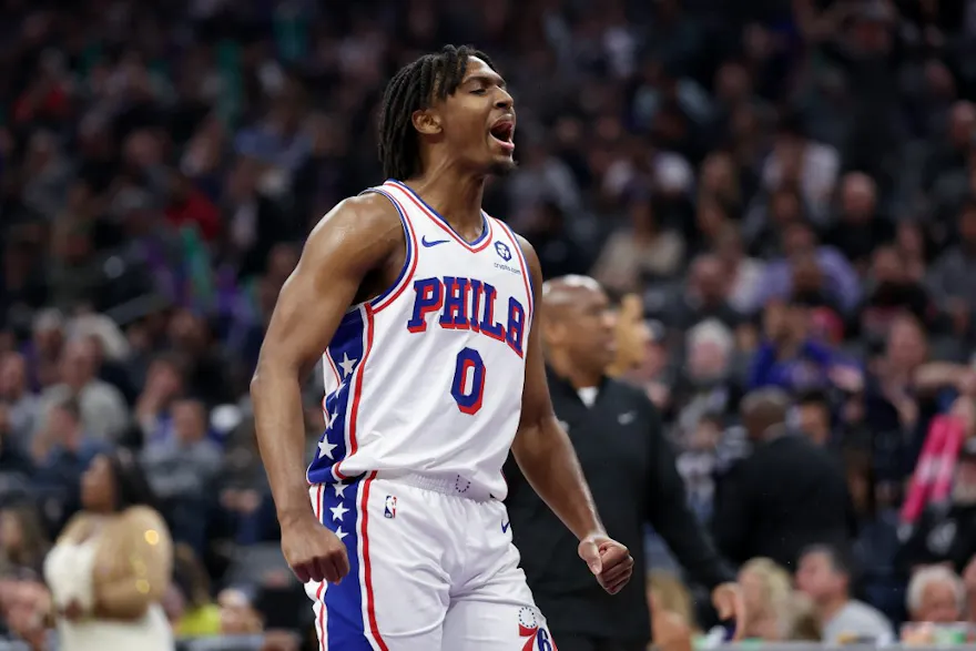 Tyrese Maxey #0 of the Philadelphia 76ers reacts as we look at the latest 2024 NBA Most Improved Player award odds at the end of the regular season.