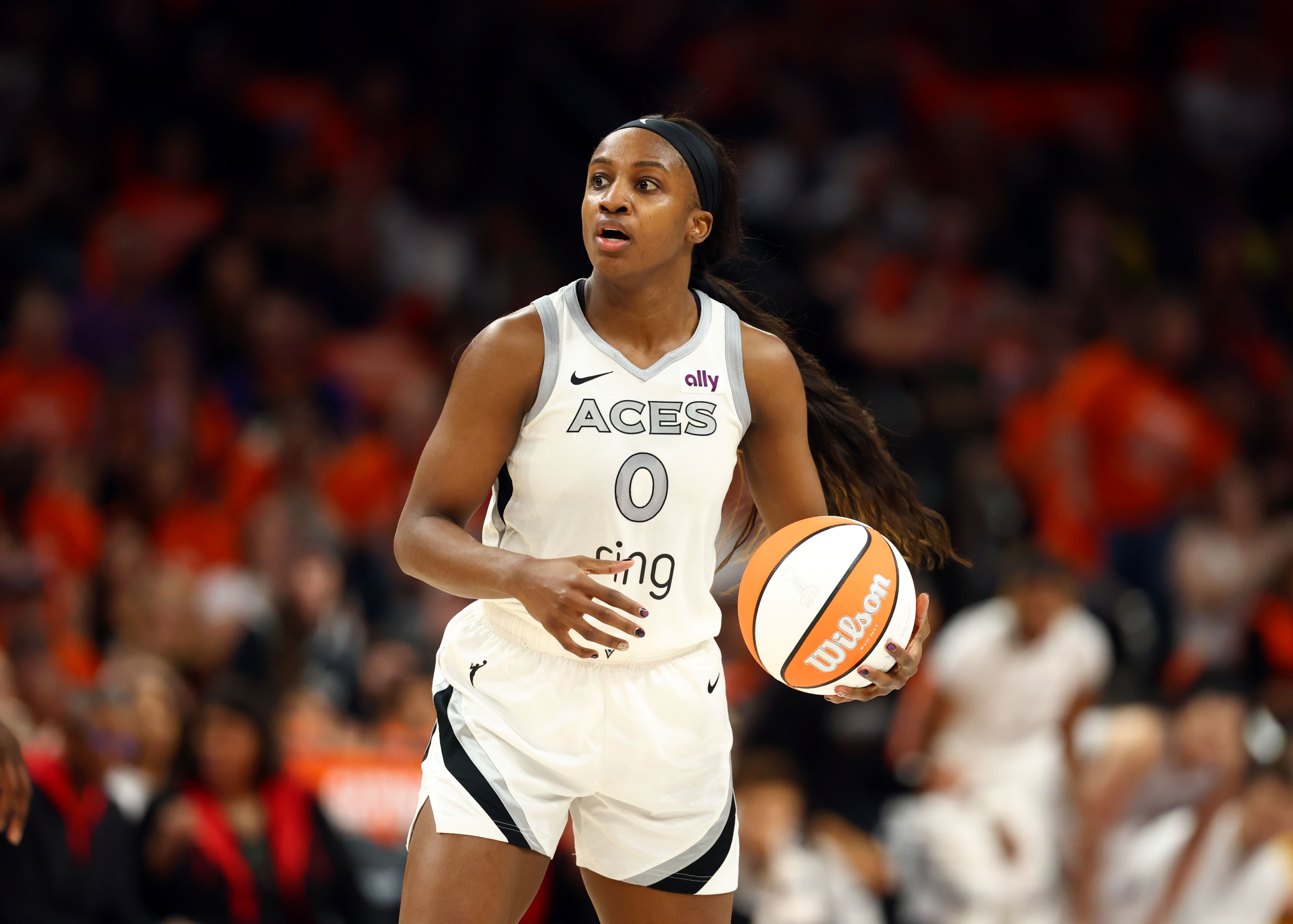  Las Vegas Aces guard Jackie Young dribbles, and she's key as I look at my Aces vs. Dream prediction.