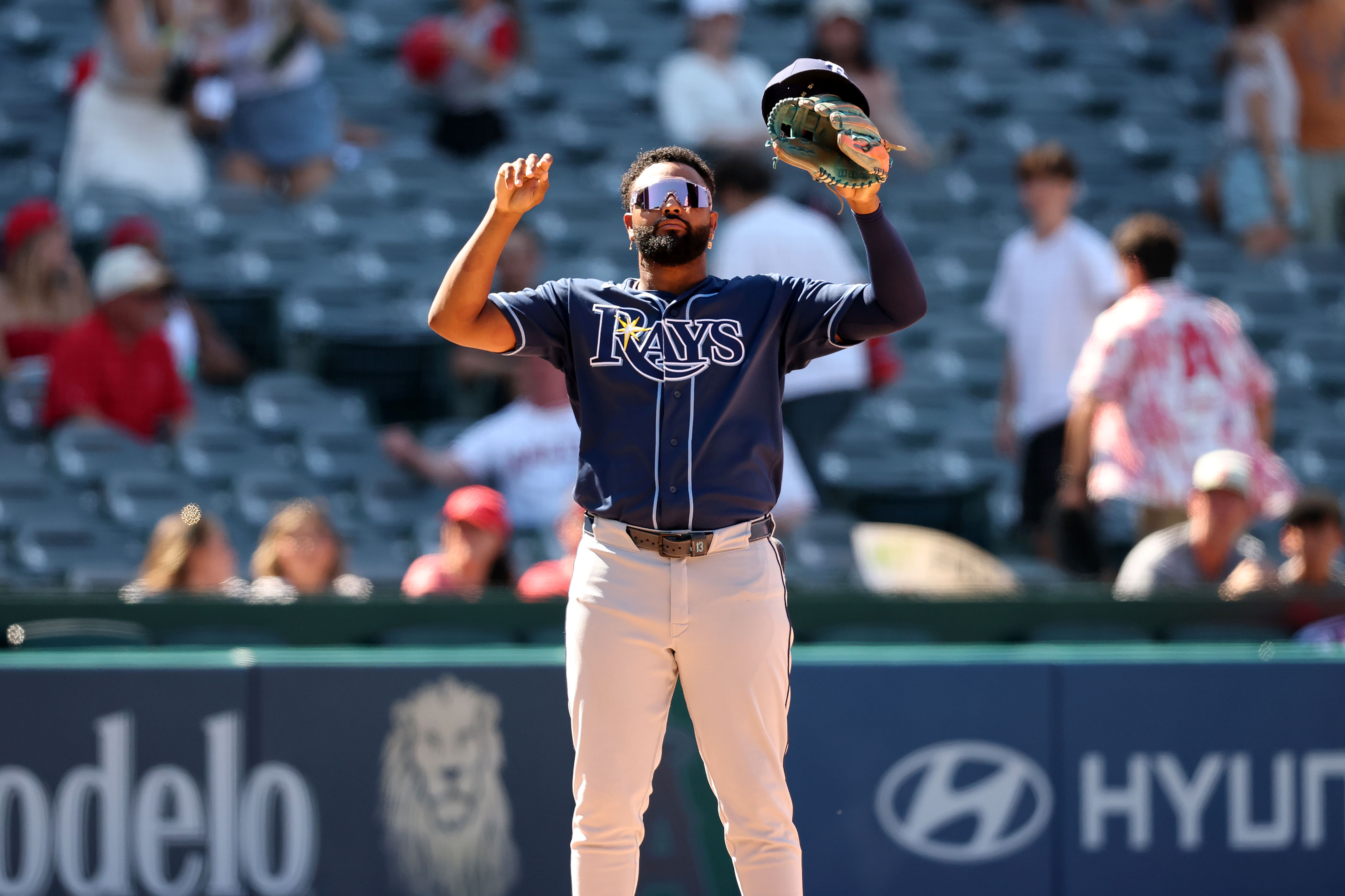 Tampa Bay Rays third baseman Junior Caminero reacts, and he's featured in my Royals vs. Rays win probability.