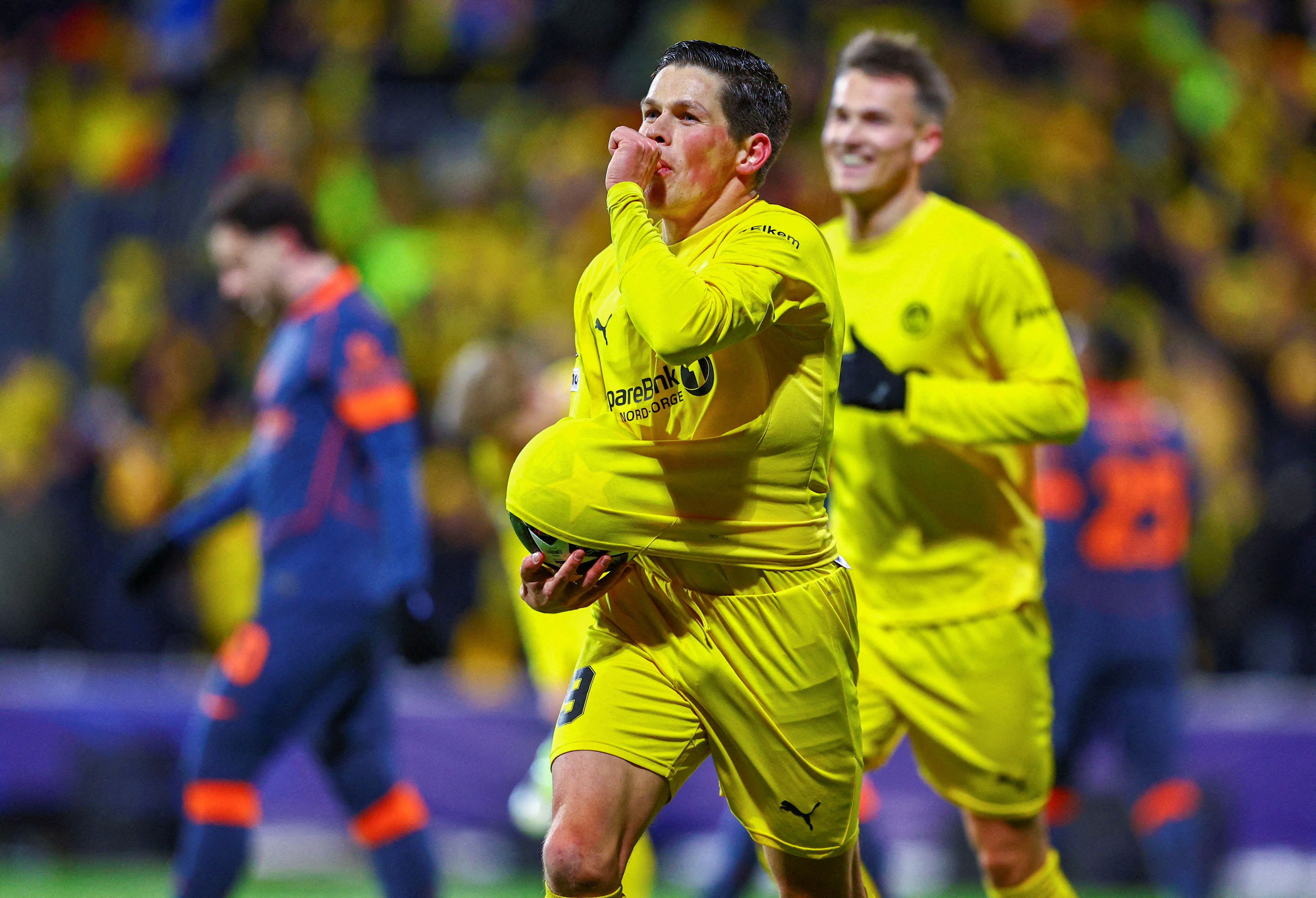 Bodo/Glimt's Sondre Fet celebrates scoring as we offer our Inter Milan vs. Bodo/Glimt same-game parlay.