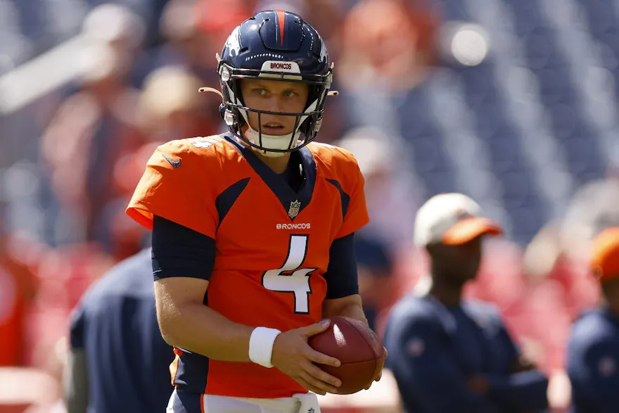 Brett Rypien of the Denver Broncos warms up prior to playing the Houston Texans at Empower Field At Mile High on September 18, 2022 in Denver, Colorado.