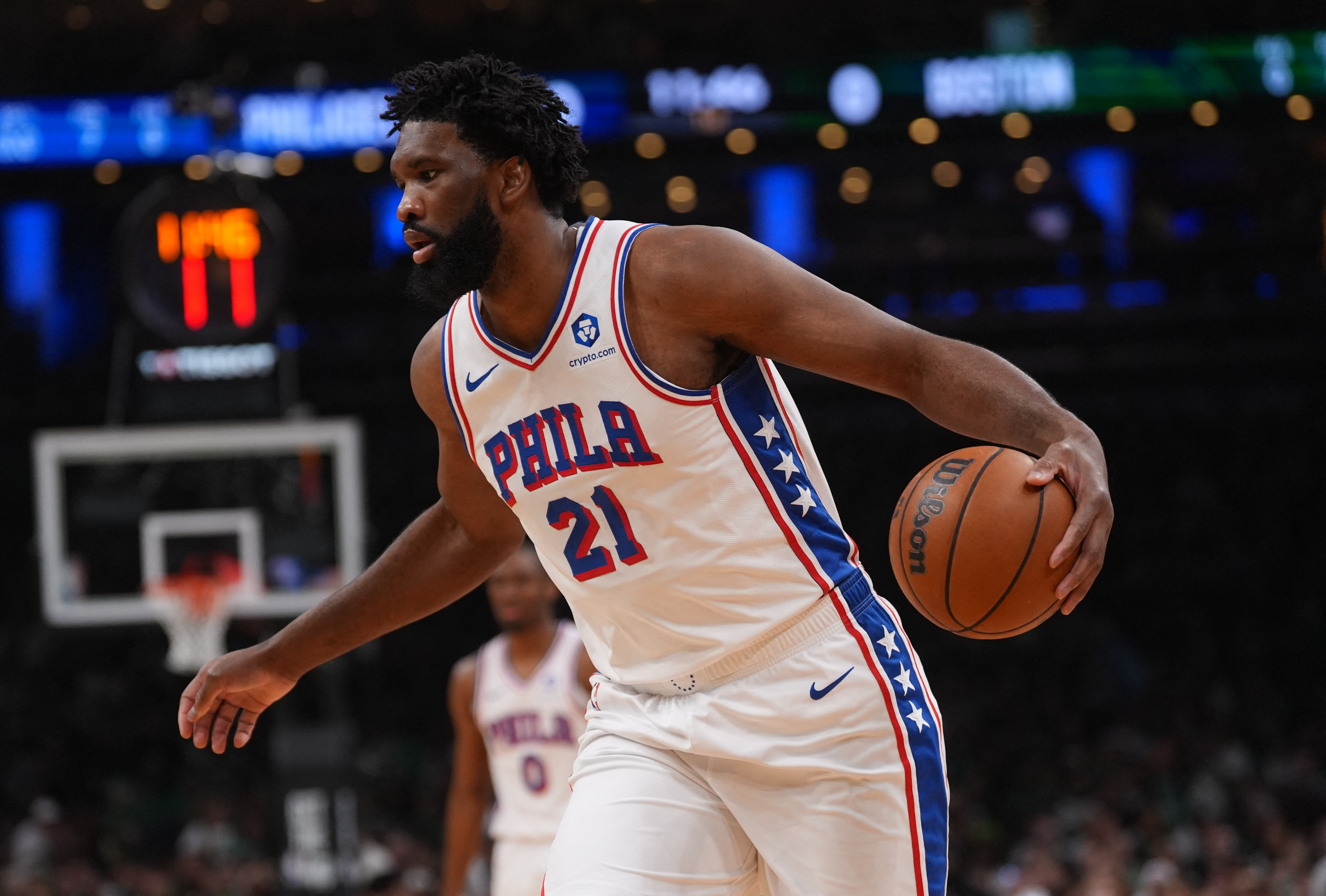 Philadelphia 76ers center Joel Embiid (21) moves the ball as we break down our Celtics vs. 76ers player props for Game 6 today.