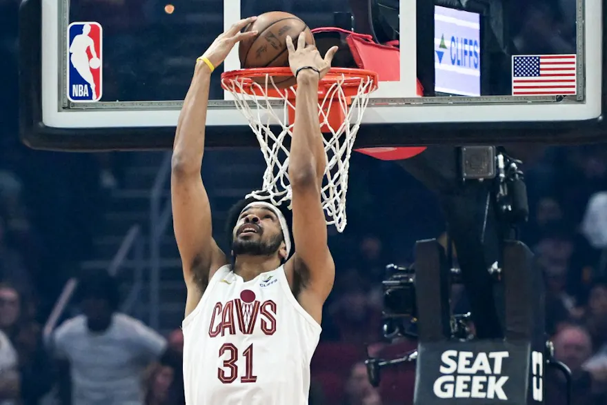 Jarrett Allen of the Cleveland Cavaliers dunks during the first half against the Phoenix Suns. We expect Allen to have a big game in our NBA player props for Saturday. 