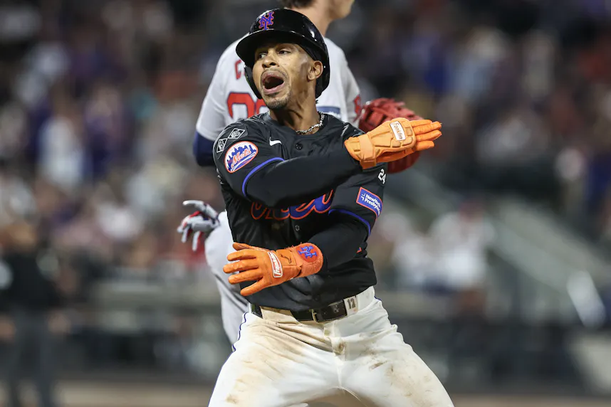 New York Mets shortstop Francisco Lindor celebrates after hitting a RBI single as we look at our best Red Sox vs. Mets prediction & player props.