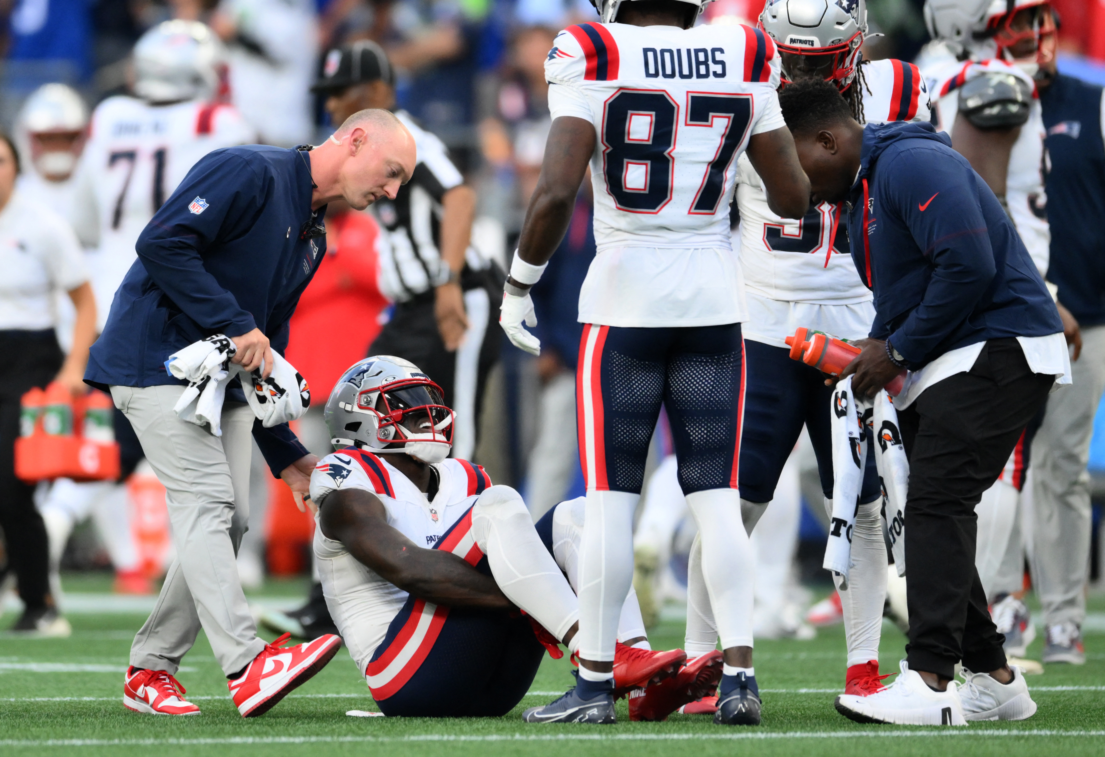 New England Patriots wide receiver A.J. Brown reacts after an injury as we look at the NFL Week 2 injury report.