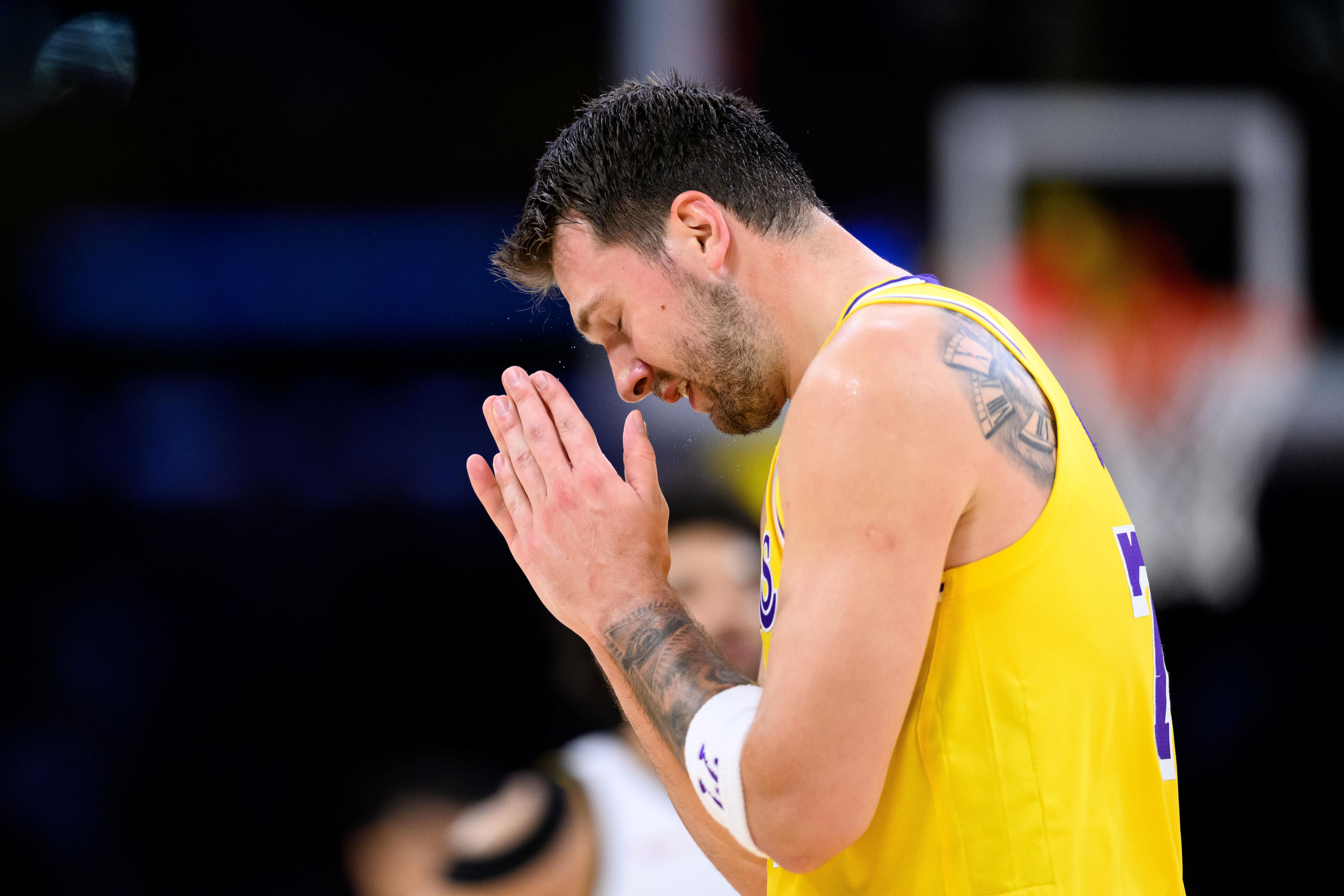 Lakers guard Luka Doncic reacts as we analyze the 2026-27 NBA MVP odds.