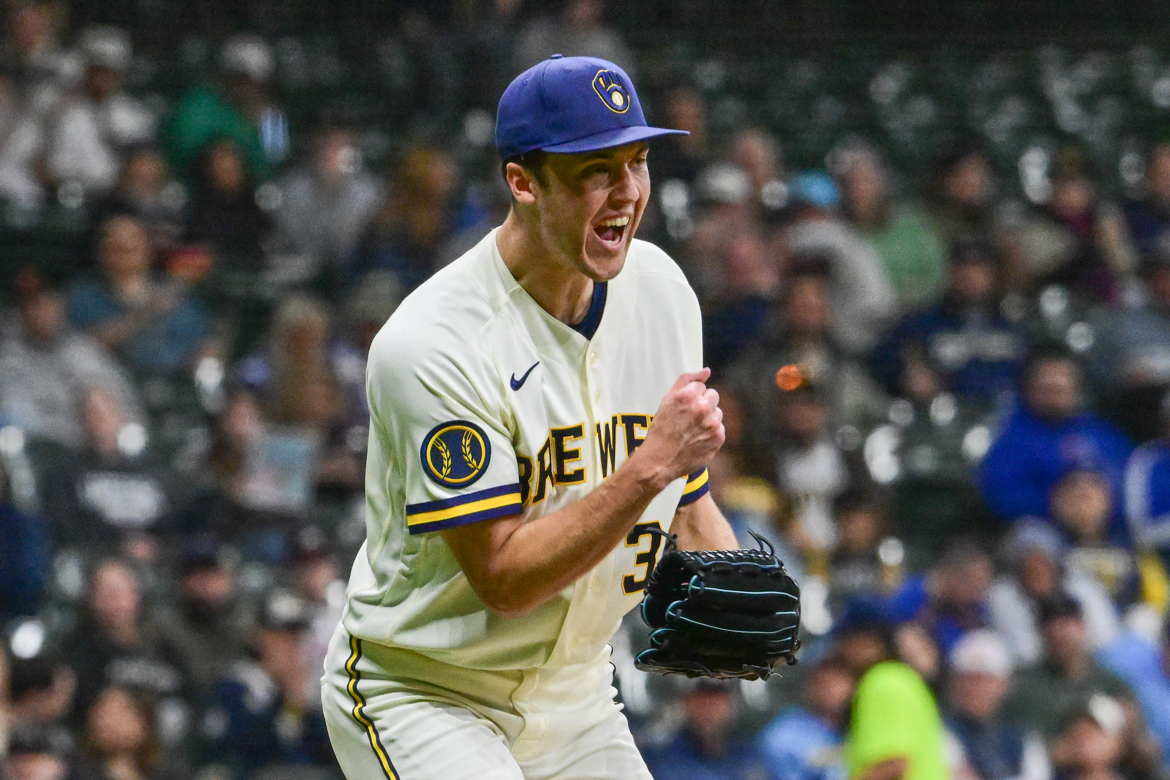 Milwaukee Brewers starting pitcher Jacob Misiorowski - who's featured in our best NRFI bets today - reacts after retiring the side. 