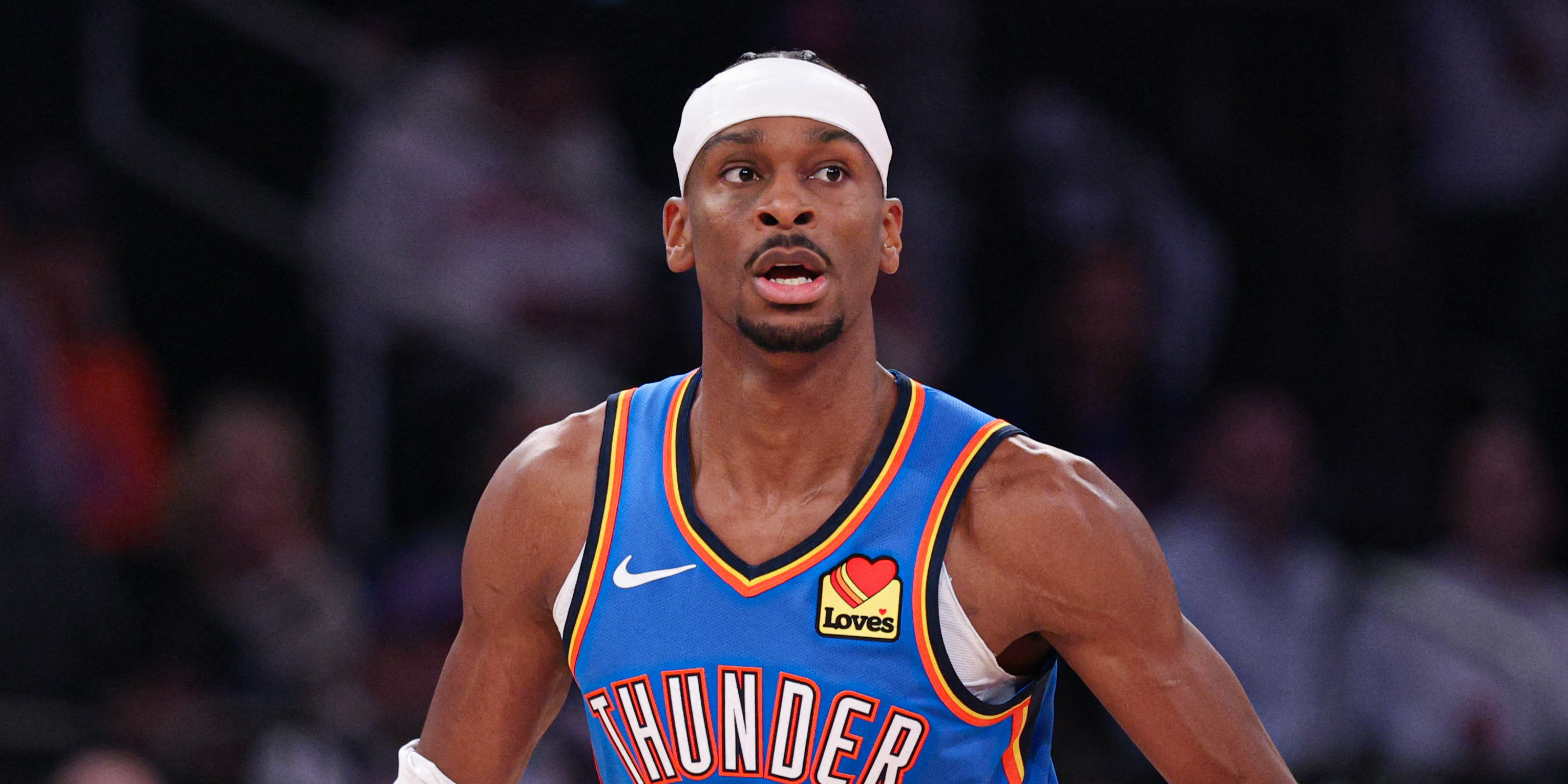 Oklahoma City Thunder guard Shai Gilgeous-Alexander (2), seen here dribbling up the court, is featured in our Nuggets vs. Thunder player props today.