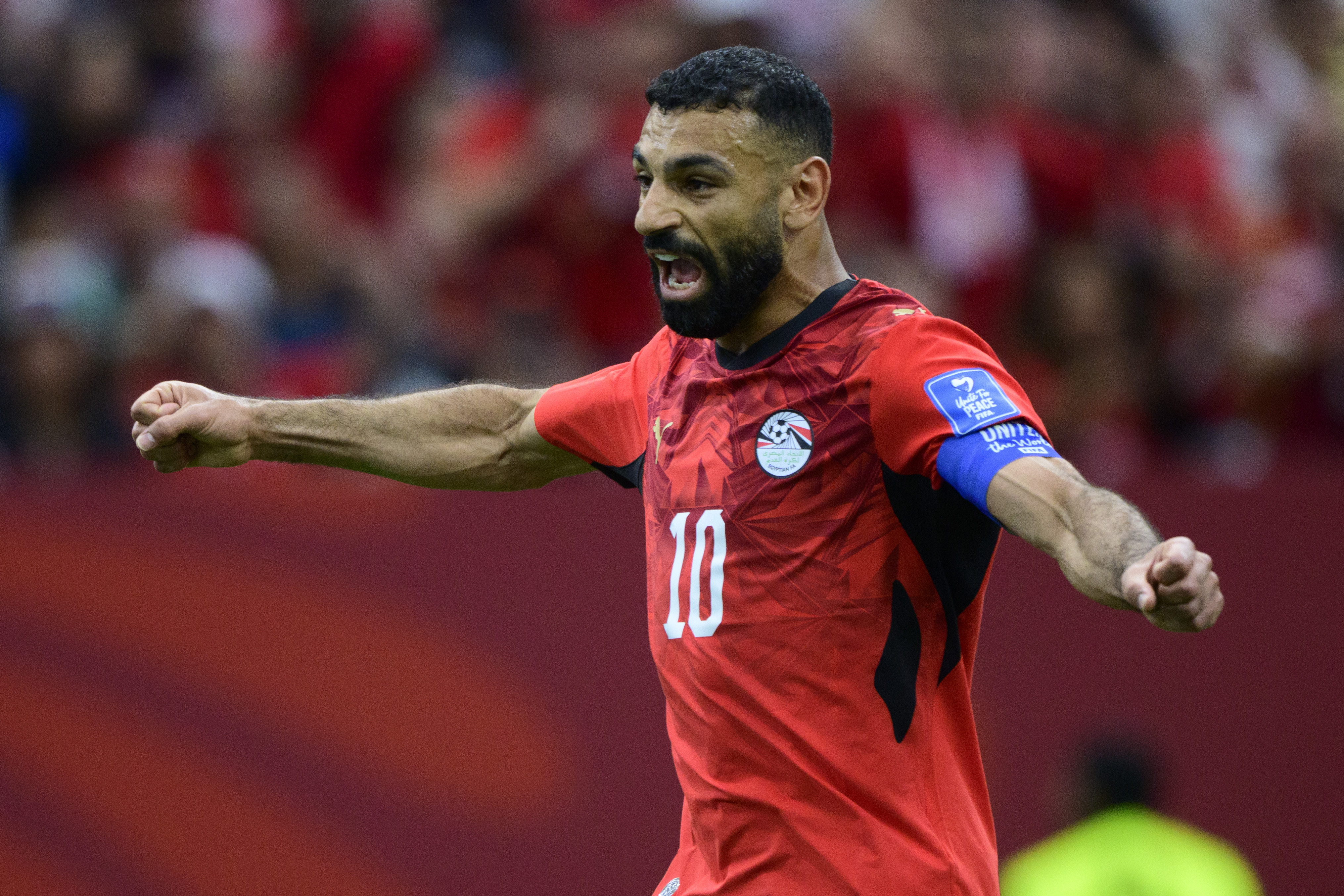 Egypt forward Mohamed Salah (10) celebrates a goal as he is featured in our Egypt vs. Iran prediction.