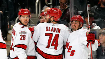 Sebastian Aho #20 of the Carolina Hurricanes (2nd from left) celebrates his goal as we look at the best Stanley Cup odds
