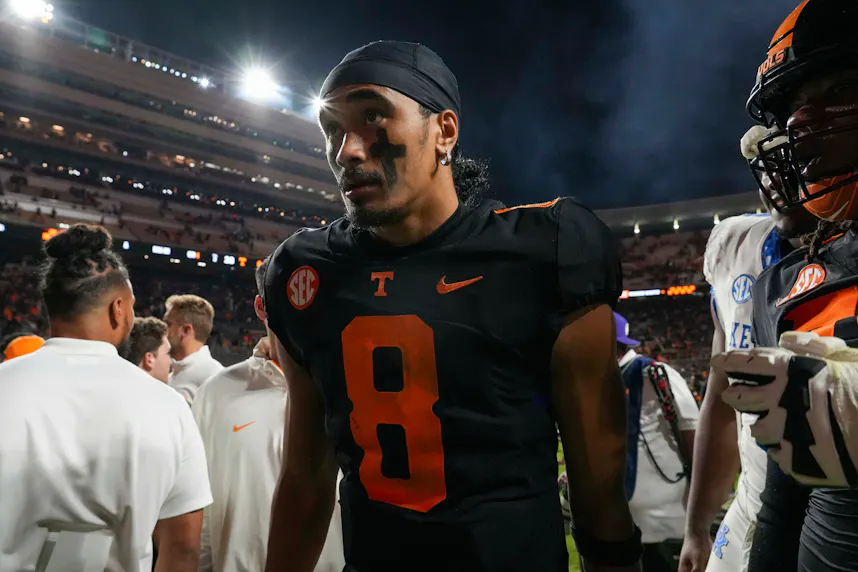 Tennessee quarterback Nico Iamaleava after a game against Kentucky, and we offer our top Tennessee vs. Georgia prediction.