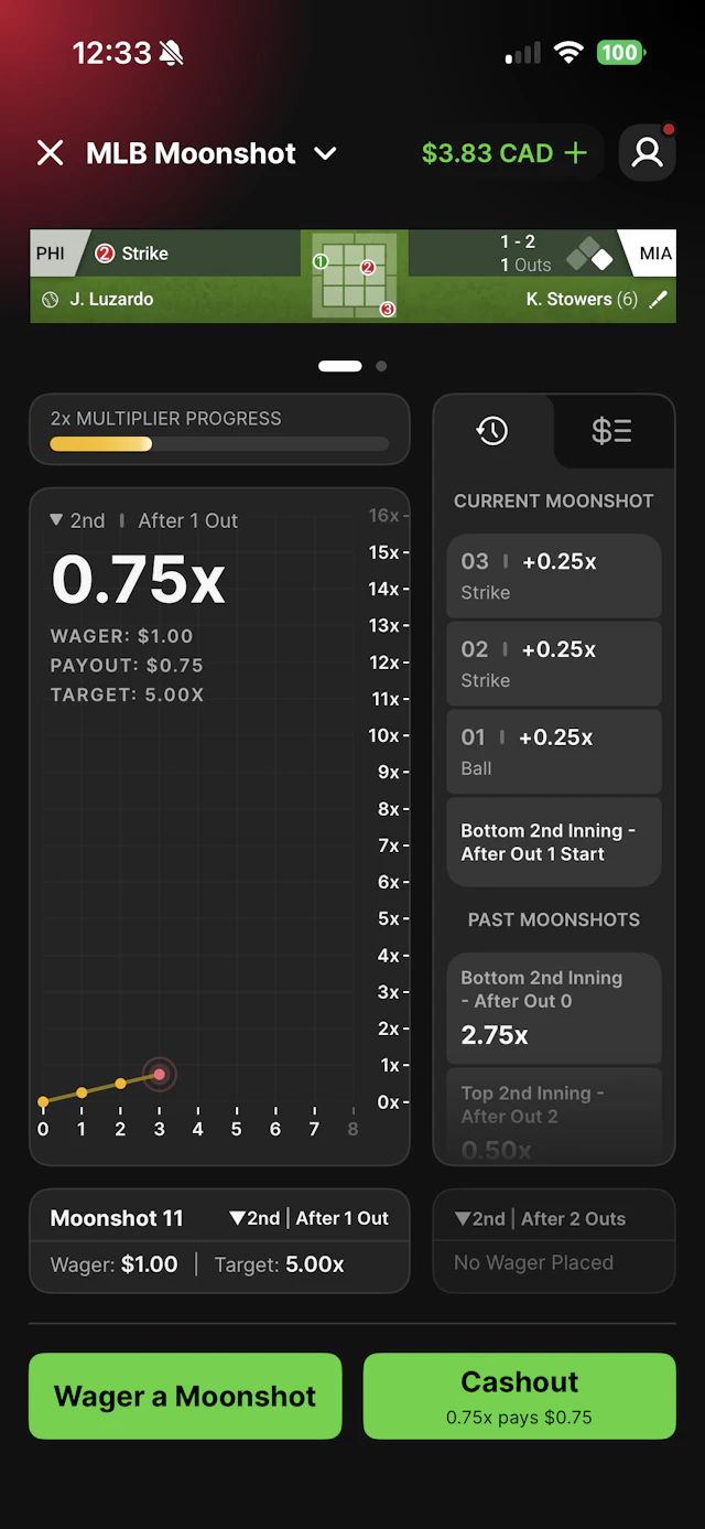 DraftKings Moonshot bet showing additional stats along the right side of the screen.