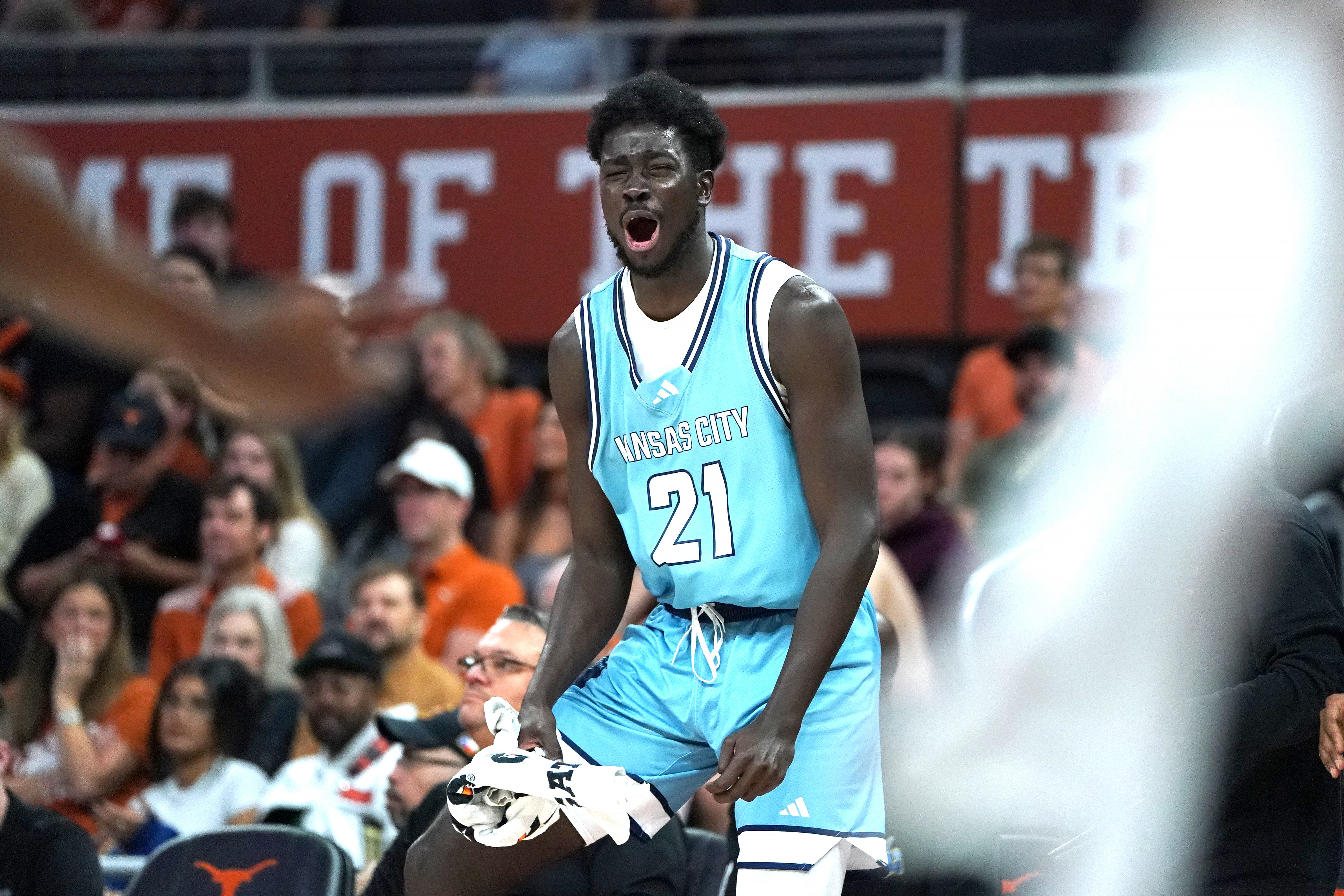 Kansas City Roos forward Babacar Mbengue reacts as we make our college basketball best bets today